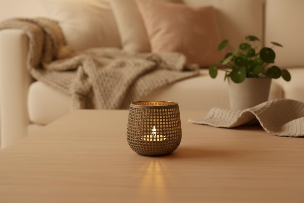 Nordic Glow fyrfadslysholder på træbord med plante
