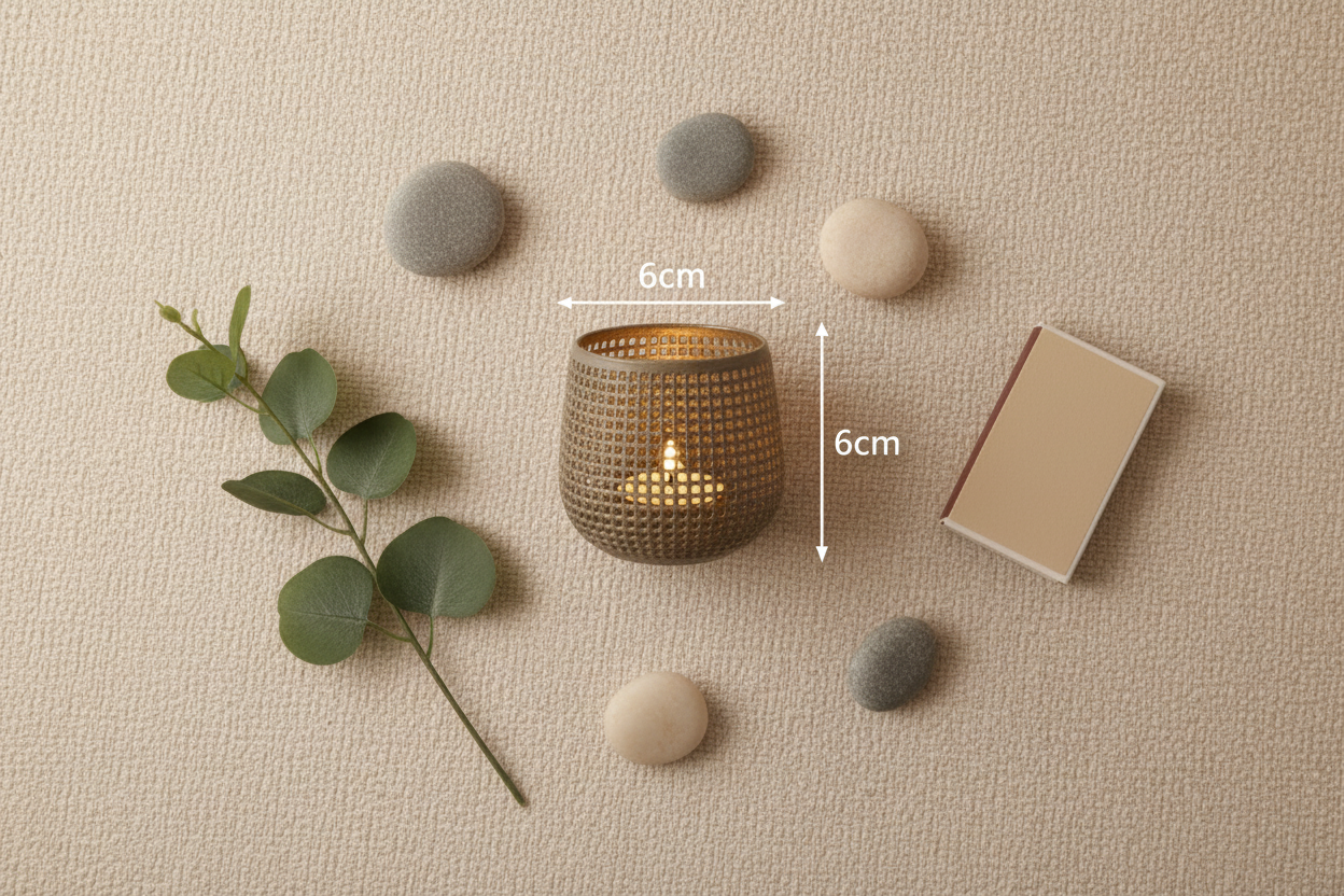 Nordic Glow fyrfadslysholder flat lay med mål 6x6cm