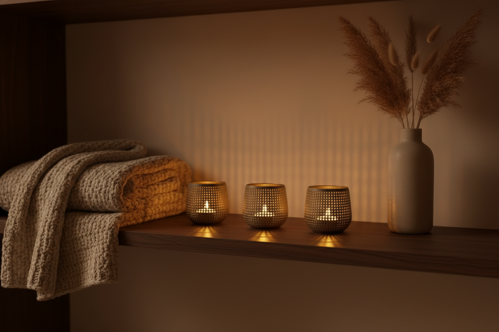 Nordic Glow fyrfadslysholder med uldtæppe og aftenstemning